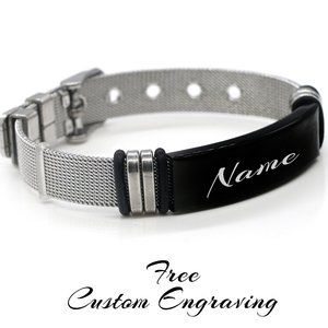 Mens silver band with black name plate.